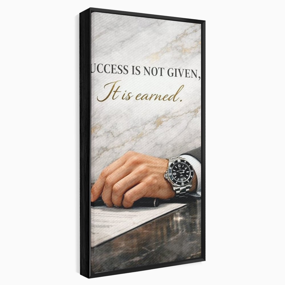 Tablou canvas cu tablou canvas cu citat motivational si mana cu ceas, in rama de aluminiu negru